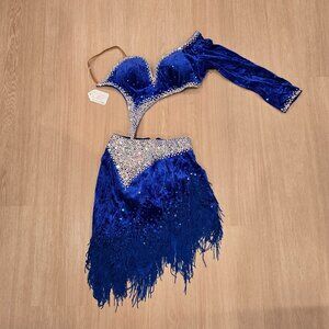 Latin/Rhythm ballroom dancing miniskirt dress blue pre-owned Randall Designs XXS
